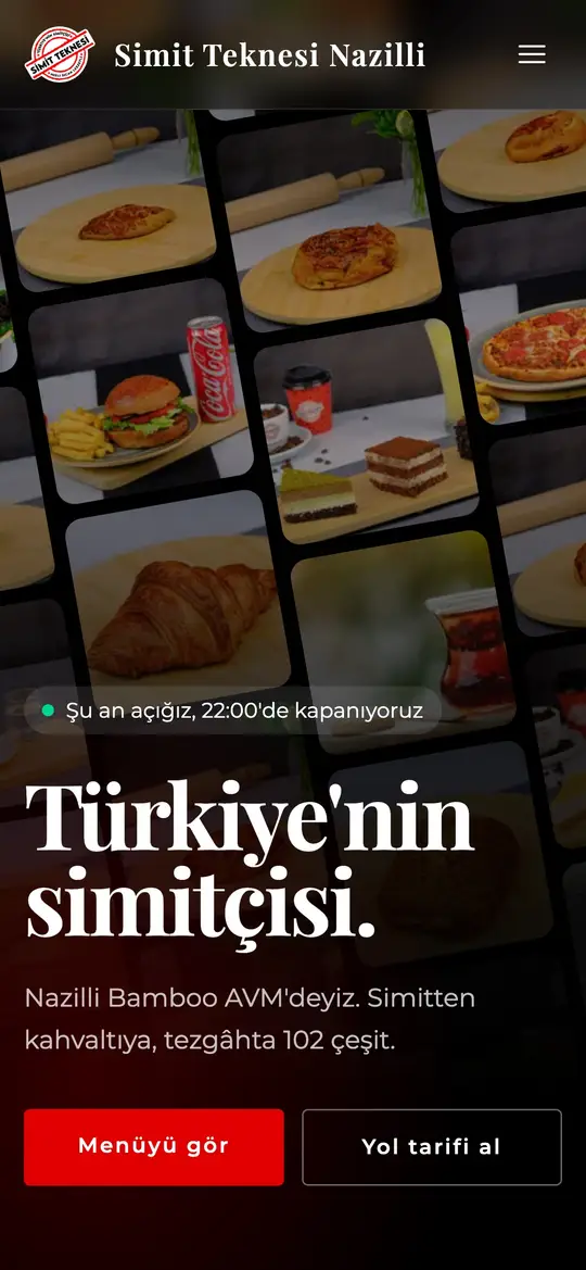 Simit Teknesi Nazilli ana sayfası telefonda: Şu an açığız yazısı, Menüyü gör ve Yol tarifi al butonları