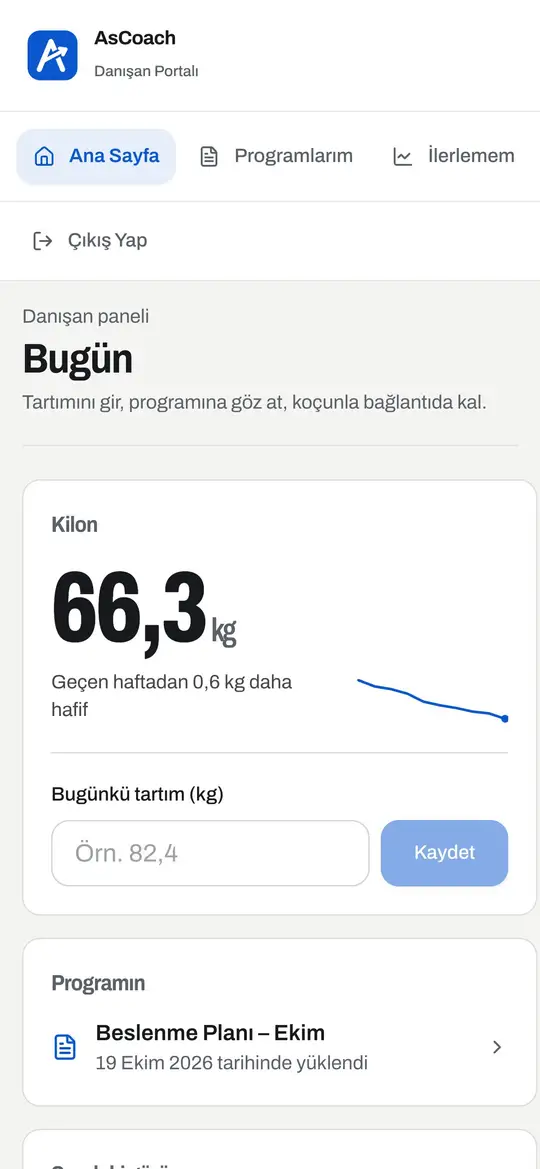 AsCoach danışan portalı ana sayfası, telefon