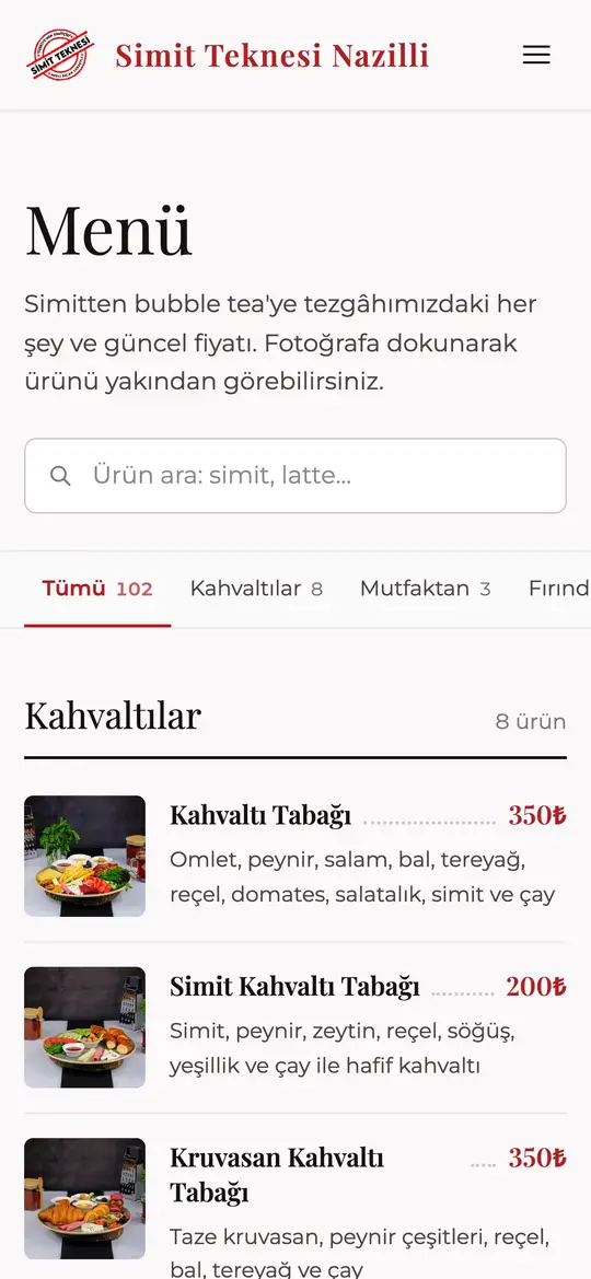 Simit Teknesi Nazilli menüsü telefonda: arama kutusu, kategoriler ve fiyatlı ürünler