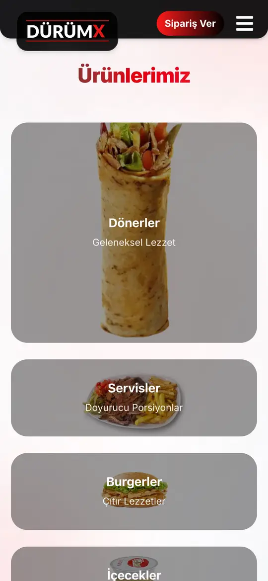 DürümX menü kategorileri, telefon
