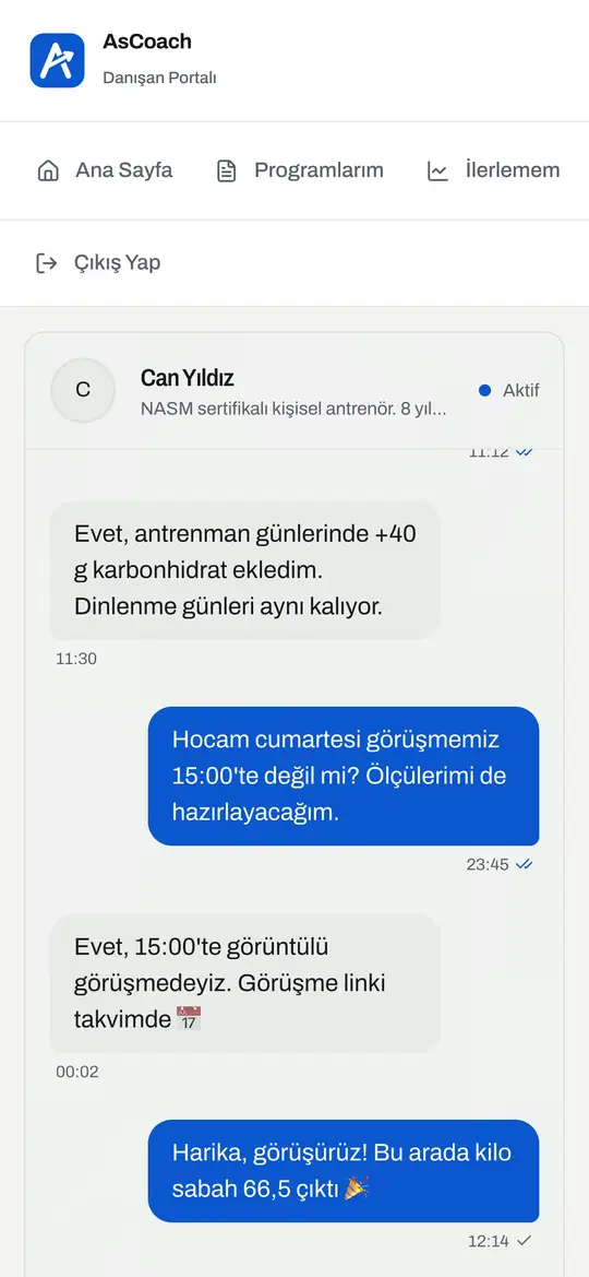 AsCoach danışan ile koç arasındaki mesajlaşma, telefon
