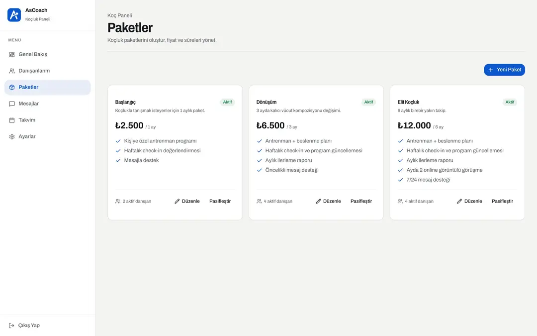 AsCoach paketler sayfası: üç koçluk paketi ve fiyatları