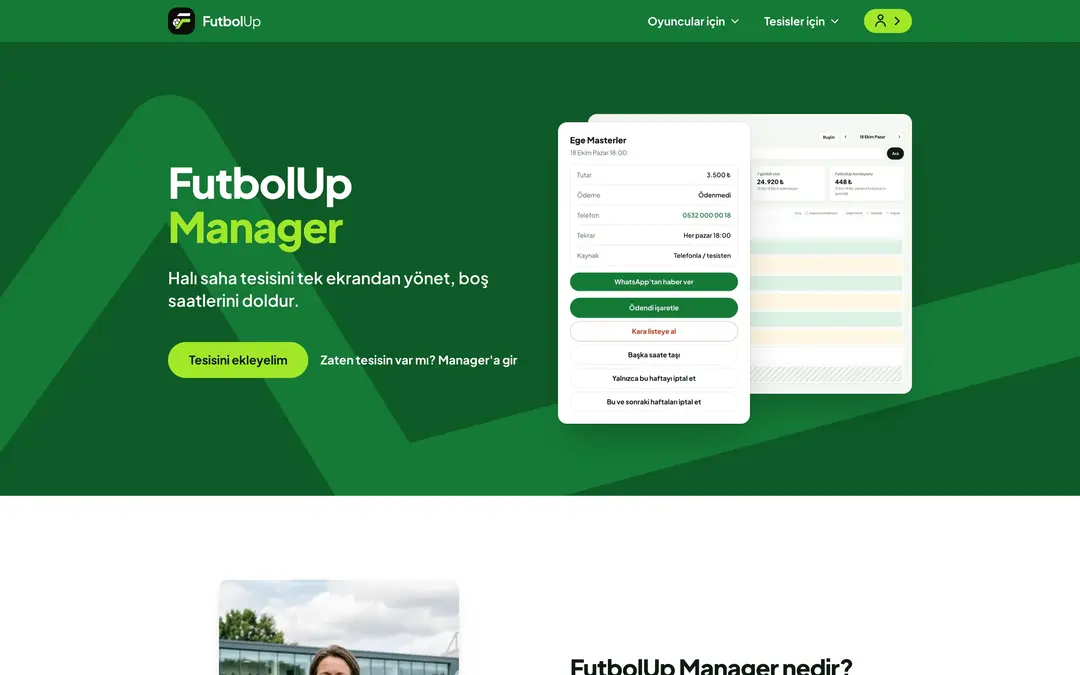 FutbolUp Manager tanıtım sayfası: tesis panelinin rezervasyon ekranı