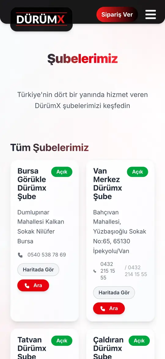 DürümX şube listesi telefonda: her şube kartında adres, telefon, Haritada gör ve Ara butonları